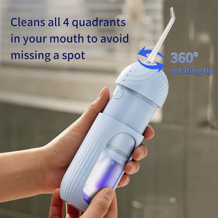 aiwejay t1 uv rotating nozzle T1 UV capsule water flosser showing the 360-degree rotating nozzle tip